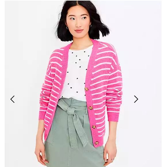 NWT LOFT Neon Pink and White Striped Relaxed V-Neck Cardigan - Picture 2 of 10